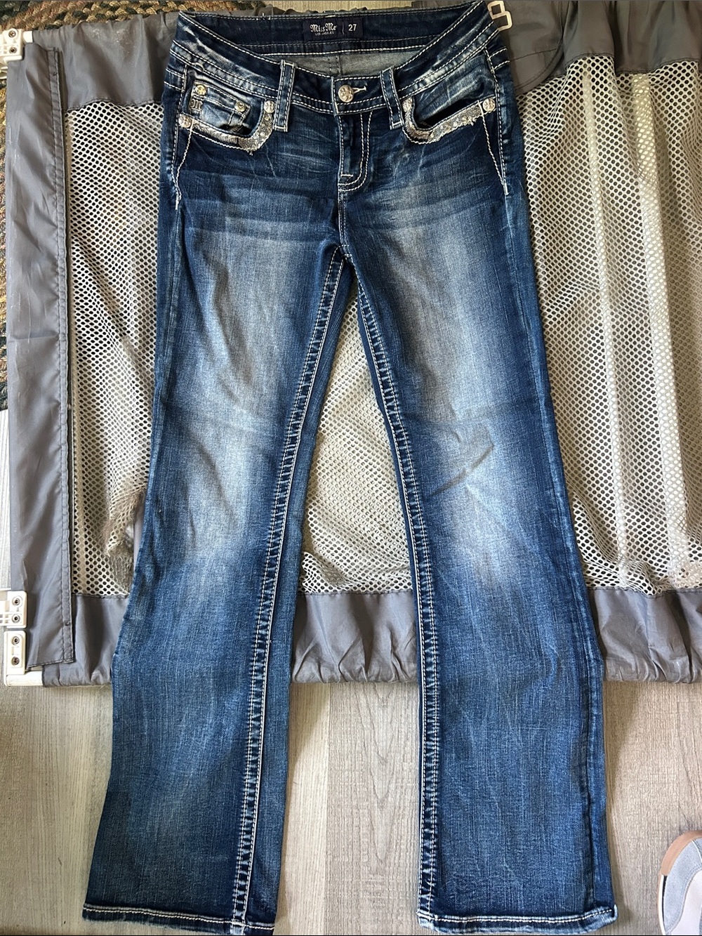 Miss Me Dark Blue Boot Cut Jeans with Embellished Back Pockets
